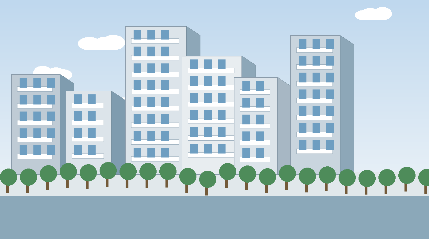 Modern condominium buildings near a waterfront